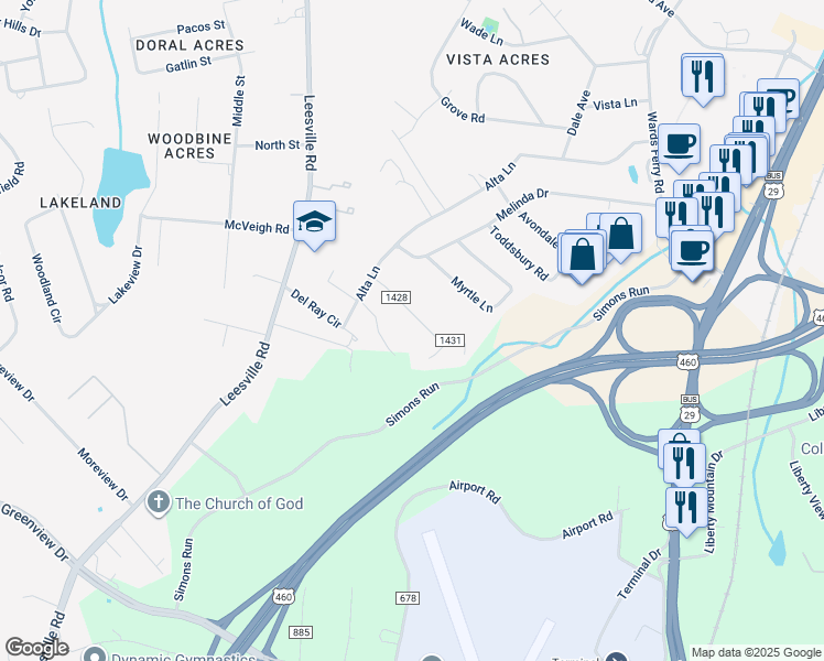 map of restaurants, bars, coffee shops, grocery stores, and more near 66 Edgewood Drive in Lynchburg
