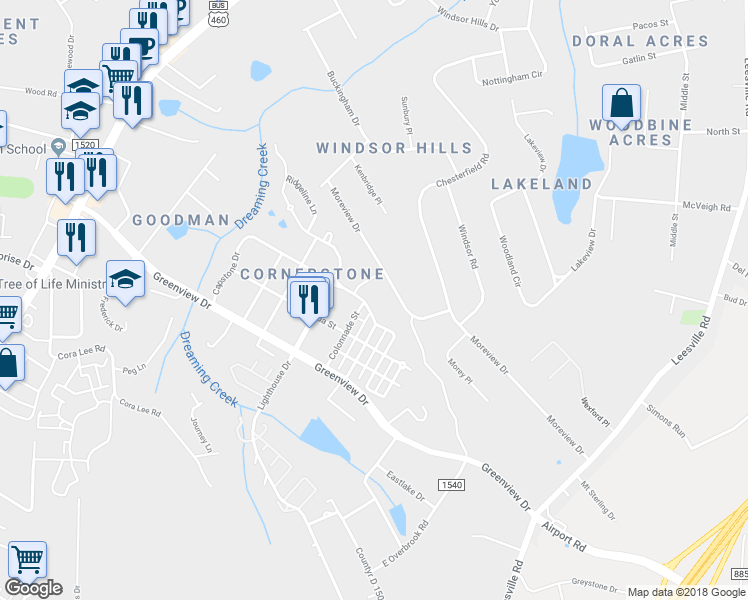 map of restaurants, bars, coffee shops, grocery stores, and more near 226 Colonnade Street in Lynchburg