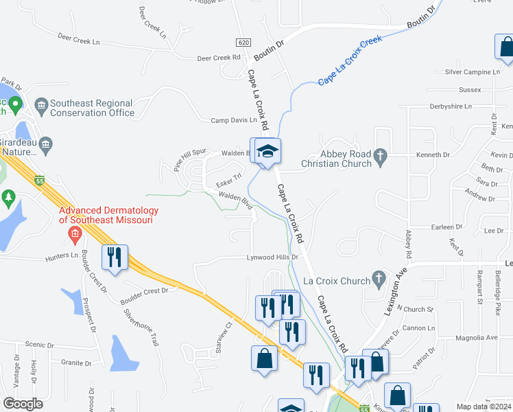 map of restaurants, bars, coffee shops, grocery stores, and more near 2020 Walden Boulevard in Cape Girardeau