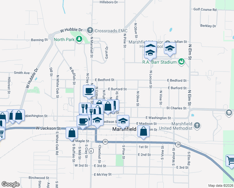 map of restaurants, bars, coffee shops, grocery stores, and more near 346-398 North St in Marshfield