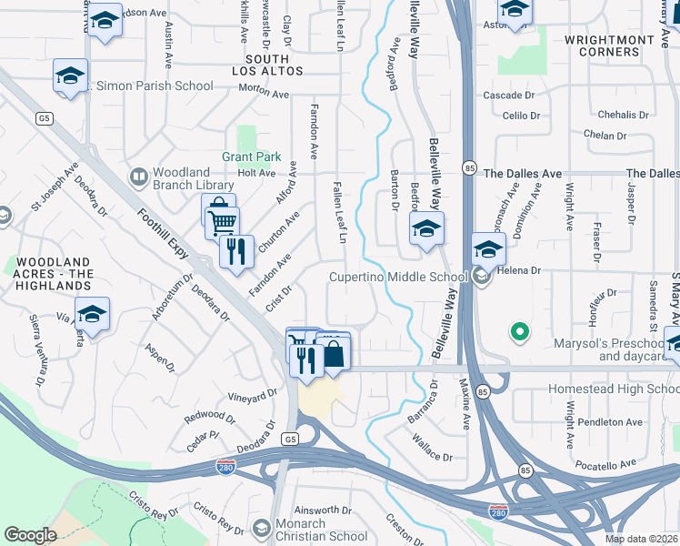 map of restaurants, bars, coffee shops, grocery stores, and more near 2006 Fallen Leaf Lane in Los Altos