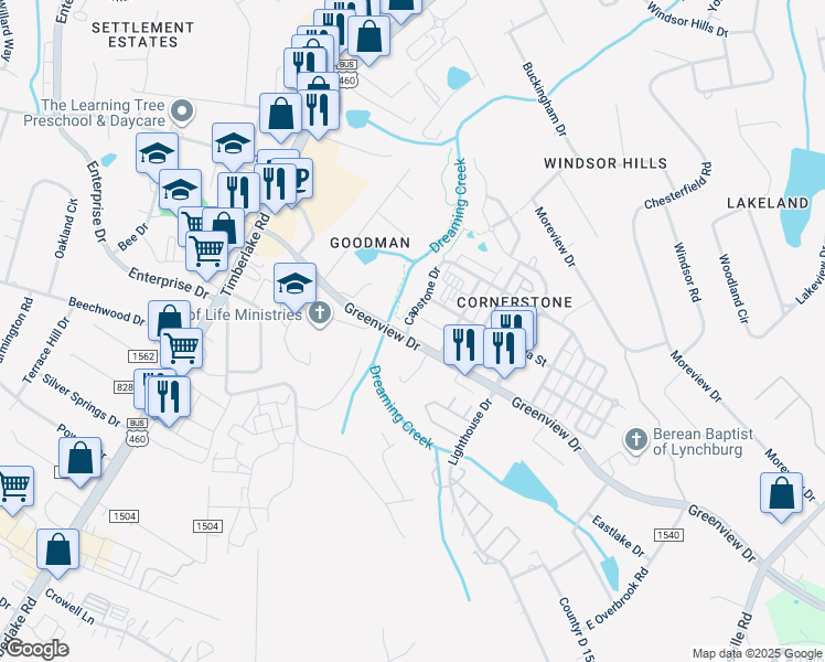 map of restaurants, bars, coffee shops, grocery stores, and more near 100 Capstone Drive in Lynchburg