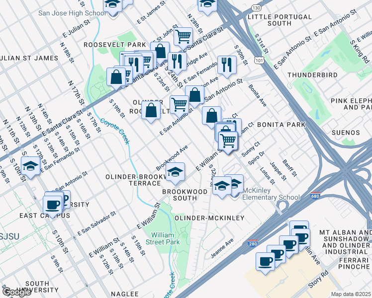 map of restaurants, bars, coffee shops, grocery stores, and more near 310 South 21st Street in San Jose