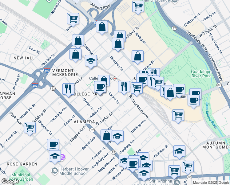 map of restaurants, bars, coffee shops, grocery stores, and more near 773 Asbury Street in San Jose