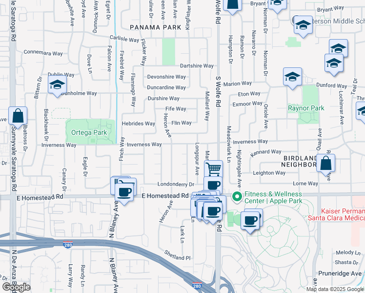 map of restaurants, bars, coffee shops, grocery stores, and more near 812 Inverness Way in Sunnyvale
