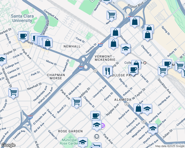 map of restaurants, bars, coffee shops, grocery stores, and more near 1132 McKendrie Street in San Jose