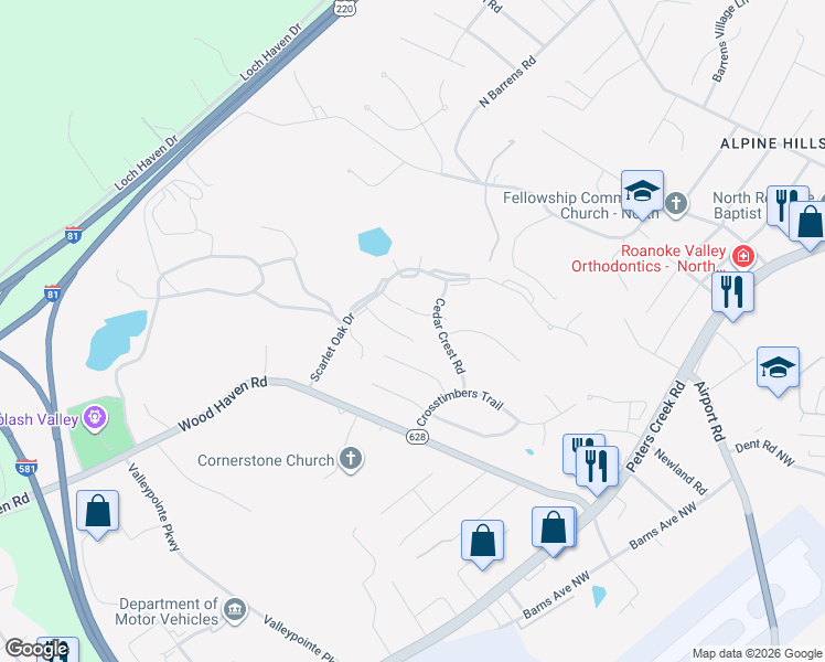 map of restaurants, bars, coffee shops, grocery stores, and more near 6936 Scotch Pine Lane in Hollins