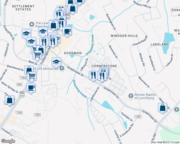 map of restaurants, bars, coffee shops, grocery stores, and more near 105 Capital Street in Lynchburg