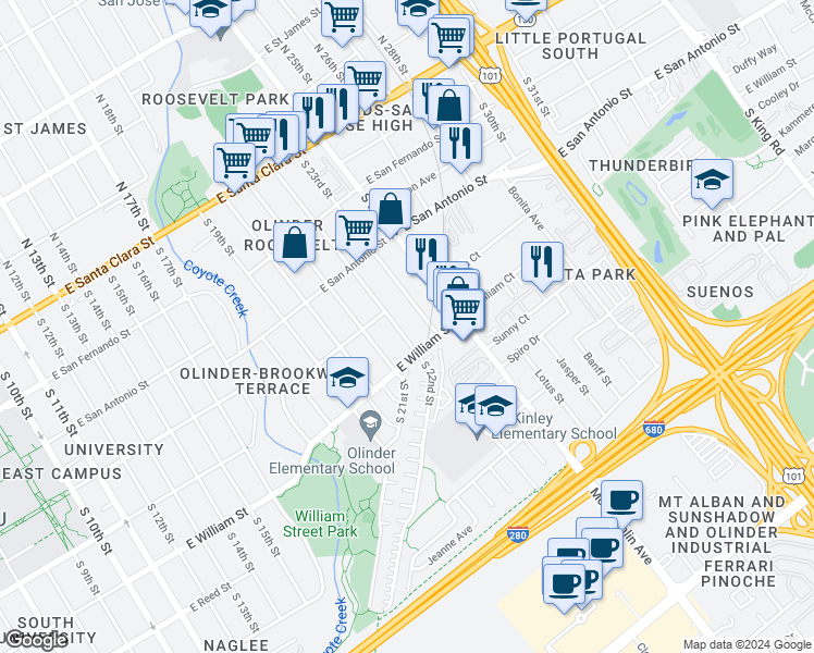 map of restaurants, bars, coffee shops, grocery stores, and more near 366 South 22nd Street in San Jose