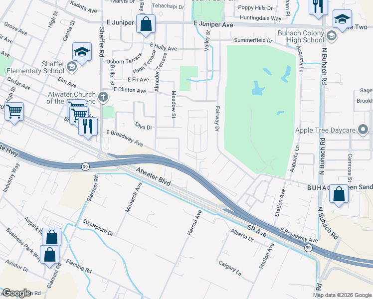 map of restaurants, bars, coffee shops, grocery stores, and more near 8 Rancho Grande Circle in Atwater