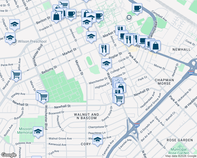 map of restaurants, bars, coffee shops, grocery stores, and more near 1106 Manchester Drive in Santa Clara