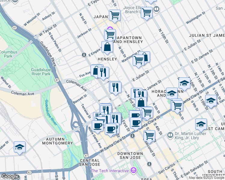 map of restaurants, bars, coffee shops, grocery stores, and more near 45 East Julian Street in San Jose