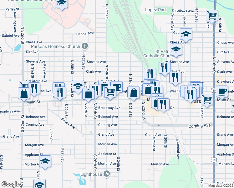 map of restaurants, bars, coffee shops, grocery stores, and more near 150 North 24th Street in Parsons