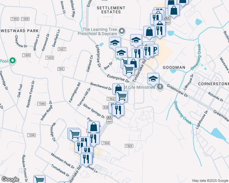 map of restaurants, bars, coffee shops, grocery stores, and more near 92 County Road 769 in Lynchburg