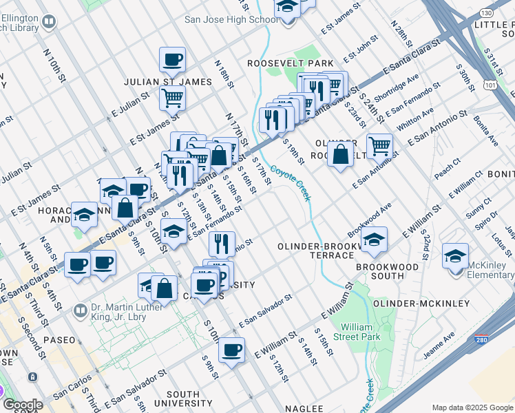 map of restaurants, bars, coffee shops, grocery stores, and more near 115 South 16th Street in San Jose