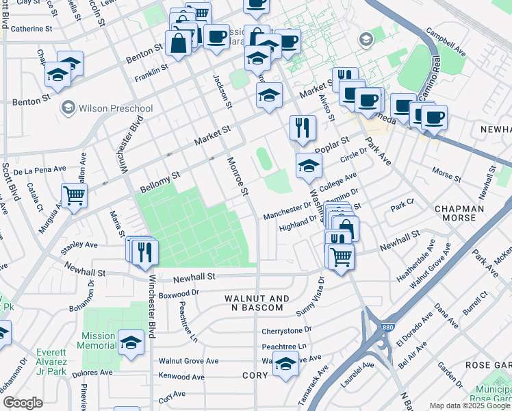 map of restaurants, bars, coffee shops, grocery stores, and more near 177 Monroe Street in Santa Clara