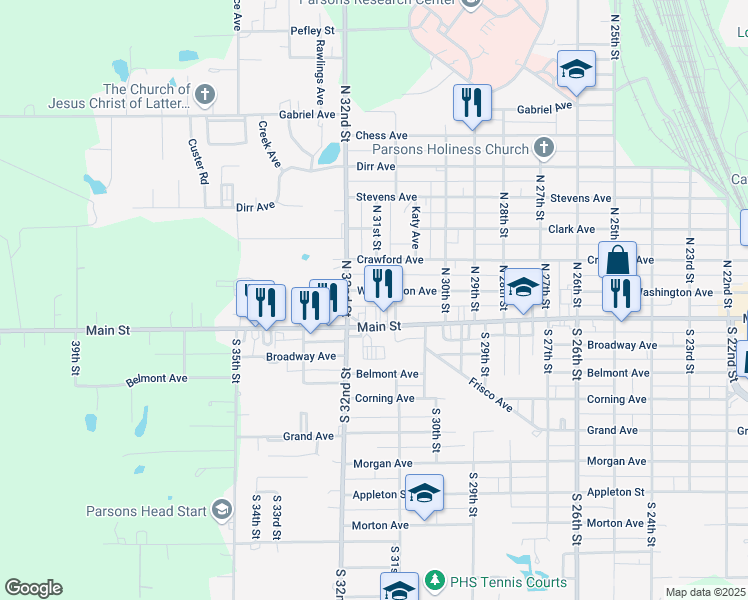 map of restaurants, bars, coffee shops, grocery stores, and more near 3120-3198 Washington Avenue in Parsons