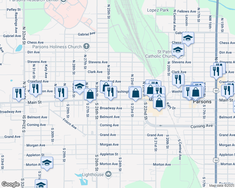 map of restaurants, bars, coffee shops, grocery stores, and more near 150-198 North 24th Street in Parsons
