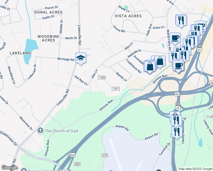 map of restaurants, bars, coffee shops, grocery stores, and more near 66 Edgewood Drive in Lynchburg