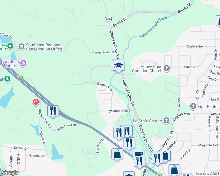 map of restaurants, bars, coffee shops, grocery stores, and more near 2530 Walden Boulevard in Cape Girardeau