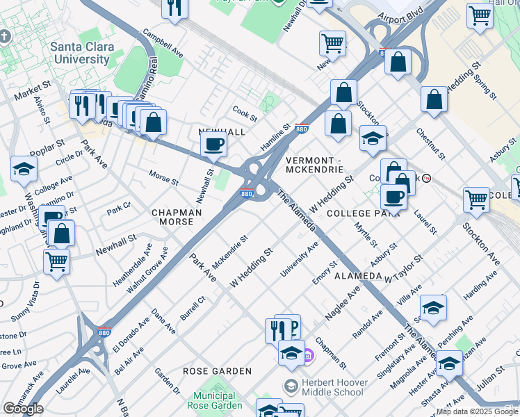map of restaurants, bars, coffee shops, grocery stores, and more near 970 Morse Street in San Jose