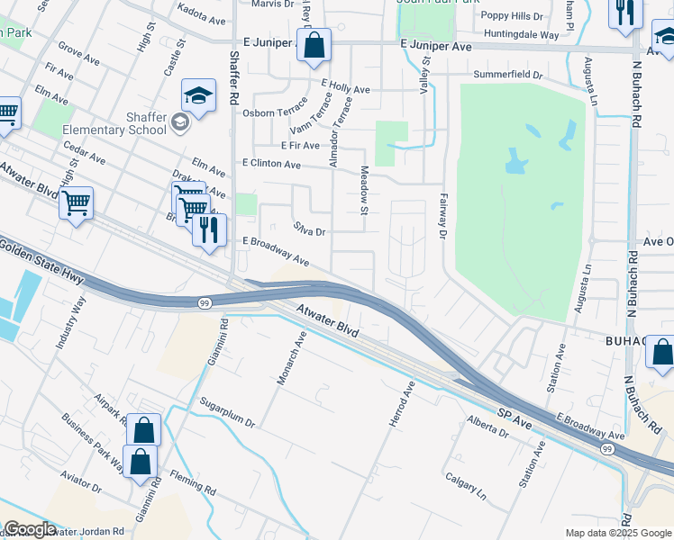 map of restaurants, bars, coffee shops, grocery stores, and more near 1100 Almador Terrace in Atwater