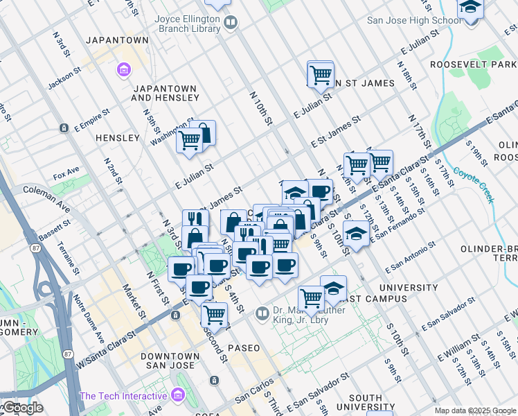 map of restaurants, bars, coffee shops, grocery stores, and more near 303 East Saint John Street in San Jose
