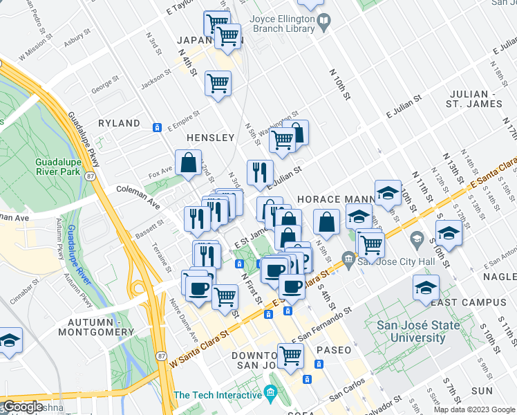 map of restaurants, bars, coffee shops, grocery stores, and more near in San Jose