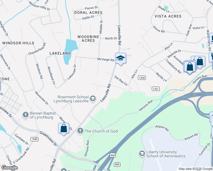 map of restaurants, bars, coffee shops, grocery stores, and more near 719 Leesville Road in Lynchburg