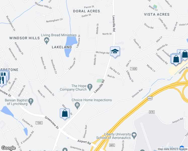map of restaurants, bars, coffee shops, grocery stores, and more near 716 Leesville Road in Lynchburg