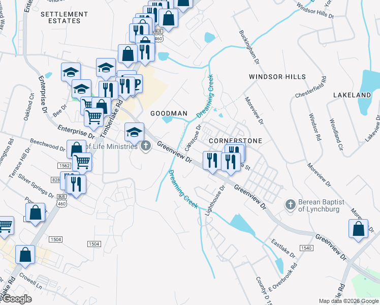 map of restaurants, bars, coffee shops, grocery stores, and more near 100 Capstone Drive in Lynchburg