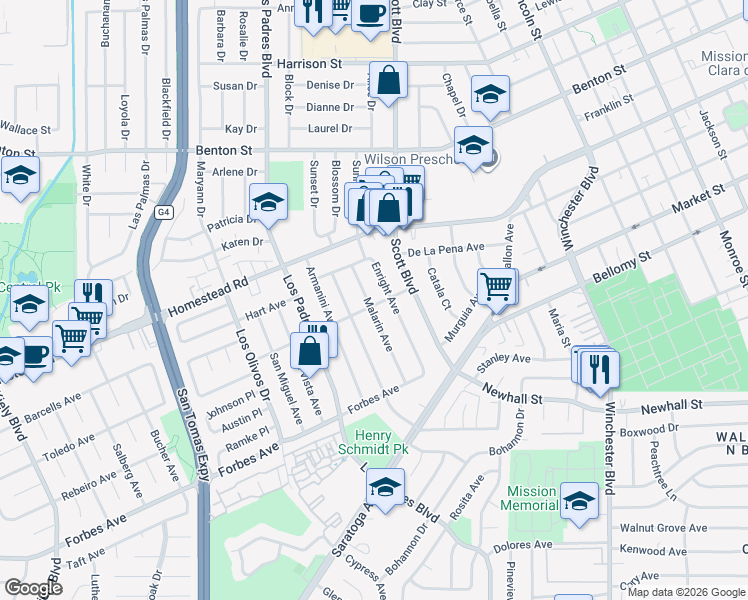 map of restaurants, bars, coffee shops, grocery stores, and more near 713 Malarin Avenue in Santa Clara