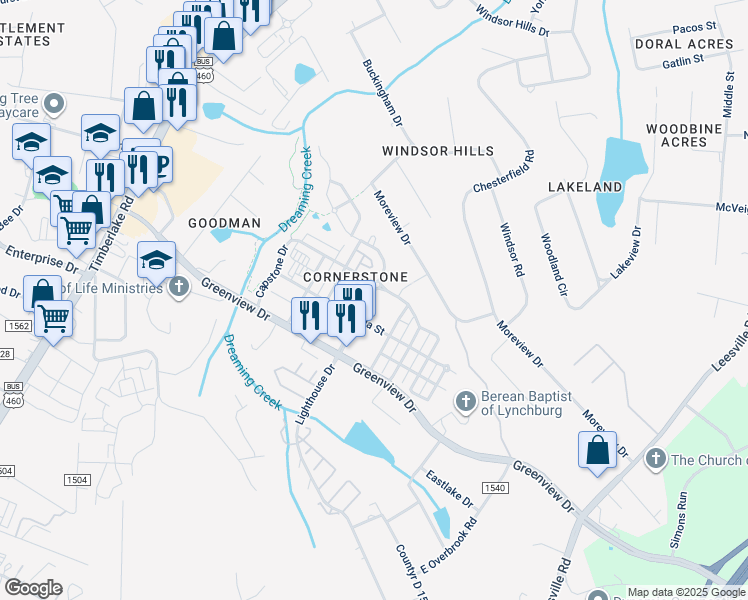 map of restaurants, bars, coffee shops, grocery stores, and more near 216 Cornerstone Street in Lynchburg