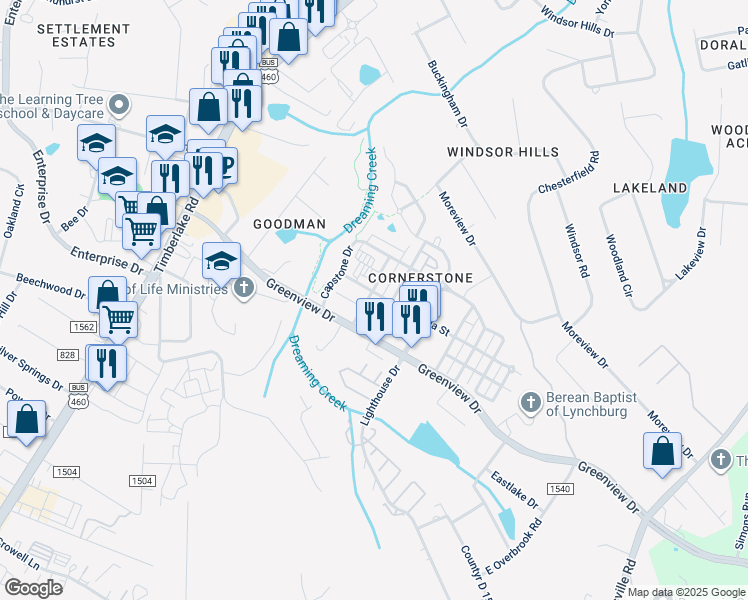 map of restaurants, bars, coffee shops, grocery stores, and more near 130 Capital Street in Lynchburg