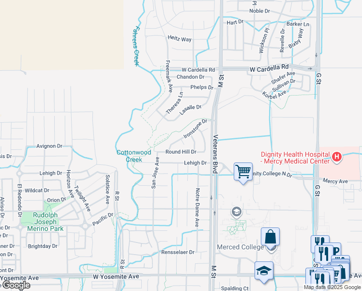 map of restaurants, bars, coffee shops, grocery stores, and more near 4125 Sattui Court in Merced