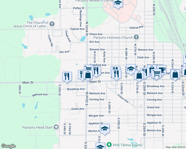 map of restaurants, bars, coffee shops, grocery stores, and more near 3120 Washington Avenue in Parsons