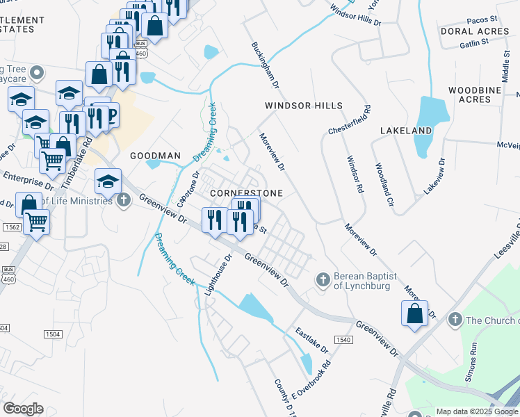 map of restaurants, bars, coffee shops, grocery stores, and more near 216 Cornerstone Street in Lynchburg