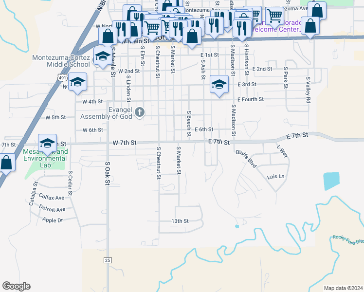 map of restaurants, bars, coffee shops, grocery stores, and more near 716 South Market Street in Cortez