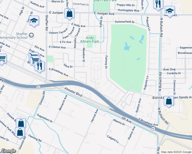 map of restaurants, bars, coffee shops, grocery stores, and more near 8 Rancho Grande Circle in Atwater