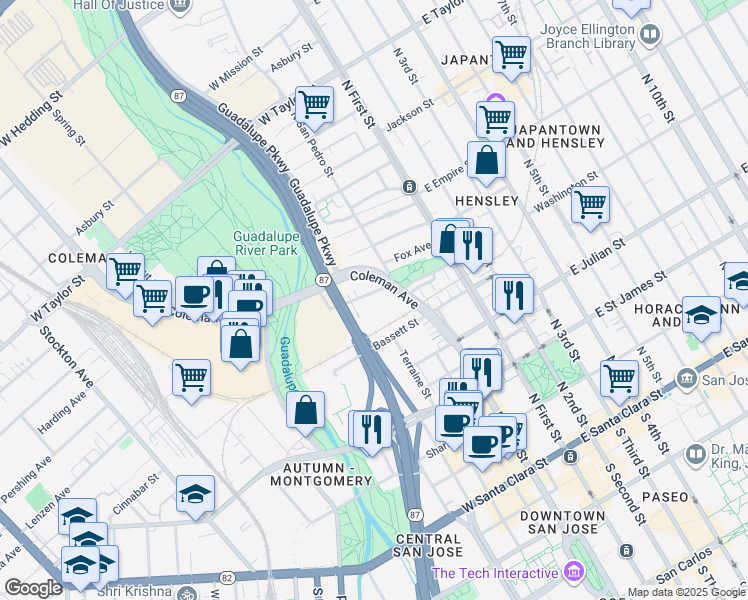map of restaurants, bars, coffee shops, grocery stores, and more near 190 Ryland Street in San Jose
