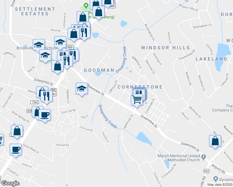 map of restaurants, bars, coffee shops, grocery stores, and more near 101 Capital Street in Lynchburg