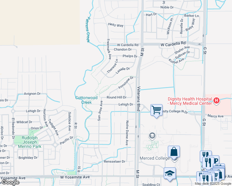 map of restaurants, bars, coffee shops, grocery stores, and more near 4125 Sattui Court in Merced