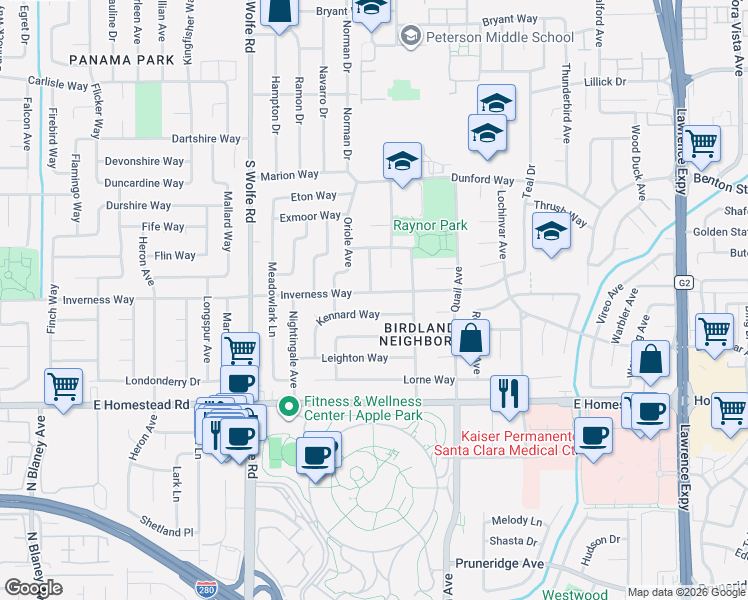 map of restaurants, bars, coffee shops, grocery stores, and more near 969 Kennard Way in Sunnyvale