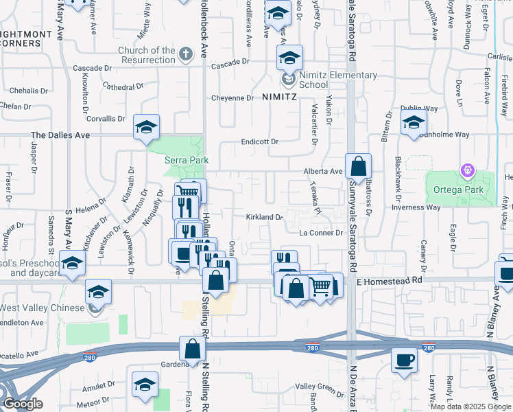 map of restaurants, bars, coffee shops, grocery stores, and more near 659 Kirkland Drive in Sunnyvale