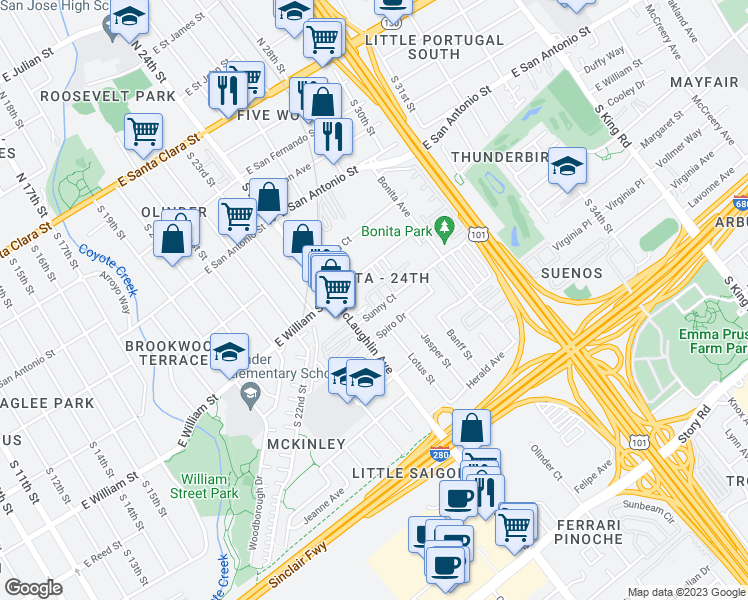 map of restaurants, bars, coffee shops, grocery stores, and more near 1152 Sunny Court in San Jose