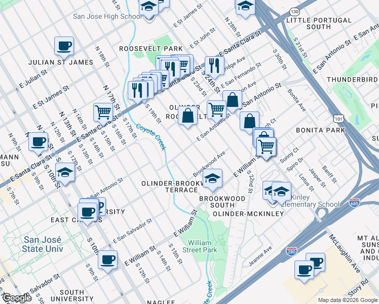 map of restaurants, bars, coffee shops, grocery stores, and more near 209 South 19th Street in San Jose