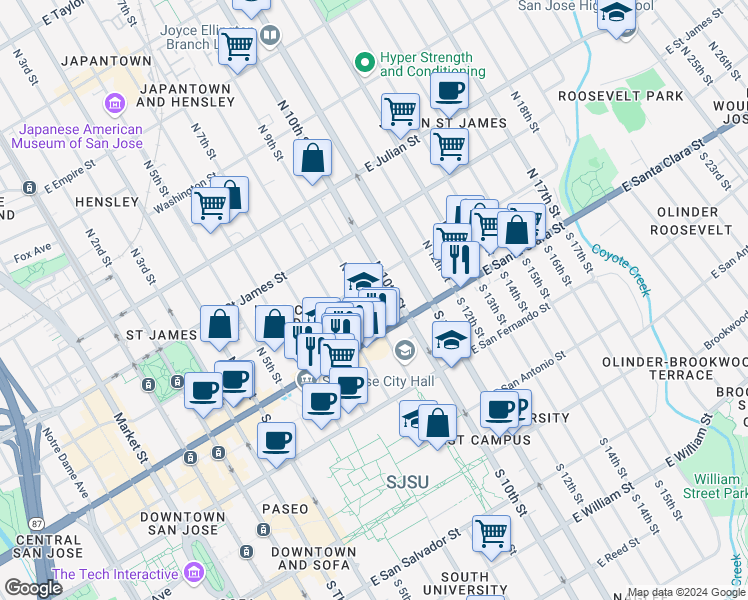 map of restaurants, bars, coffee shops, grocery stores, and more near 48 North 9th Street in San Jose