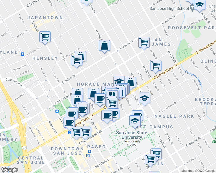 map of restaurants, bars, coffee shops, grocery stores, and more near 90 North 8th Street in San Jose