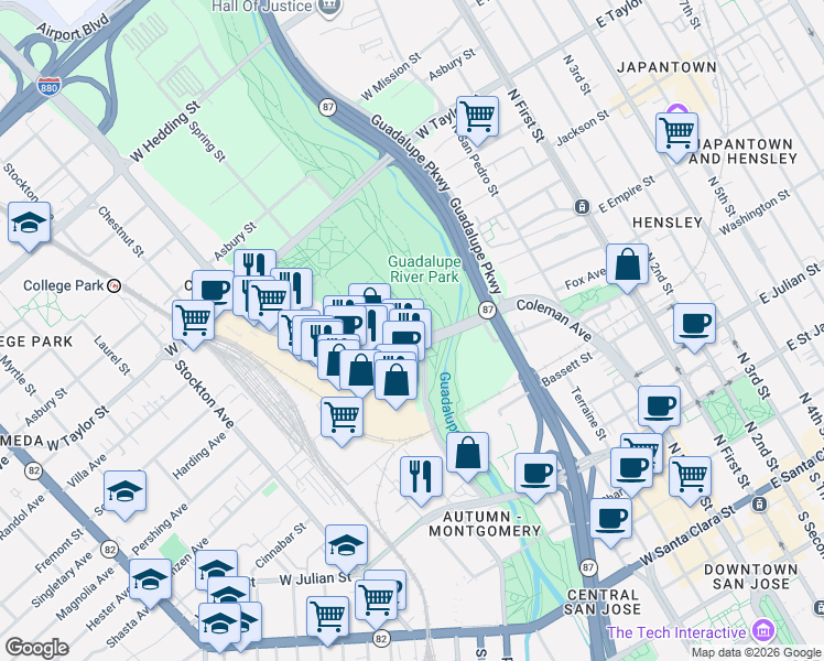 map of restaurants, bars, coffee shops, grocery stores, and more near 480 Coleman Avenue in San Jose