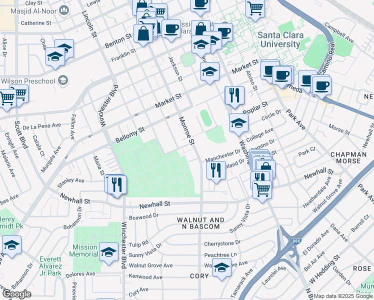 map of restaurants, bars, coffee shops, grocery stores, and more near 1390 Jonathan Street in Santa Clara